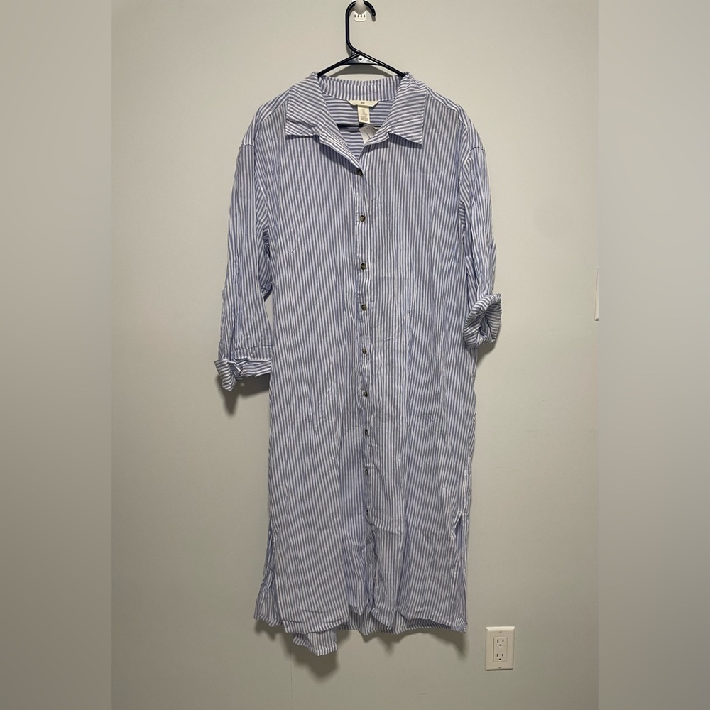 H&M Women’s Blue Striped Shirt Dress Button Down Cotton Size L NWT Long Midi